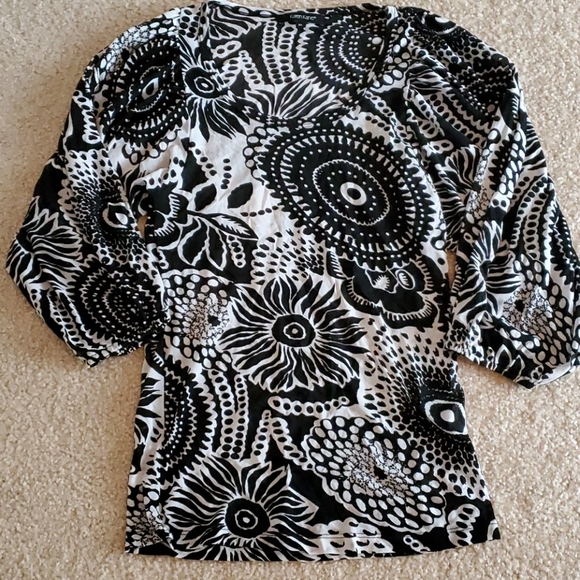 Karen Kane black and white mesh abstract print floral blouse size xl euc - Picture 1 of 5